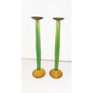 MCM Vintage Green and Yellow Tall Candlestick Holders Brushed Acrylic